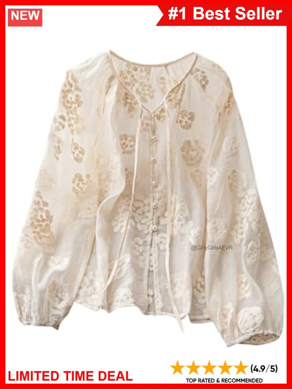 Boho Peasant Blouse Floral Embroidered Tie Neck Long Sleeve Button Down